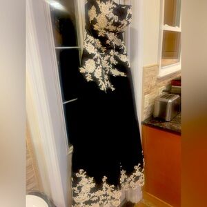 Elegant Black and Cream Embroidered Floral strapless gown. Mother of the bride!
